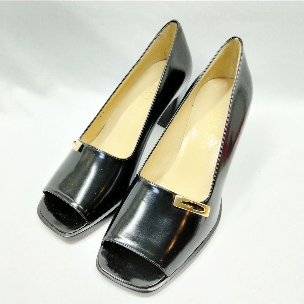 Vintage Gucci Black Leather Peep-Toe Pumps with Gold Hardware